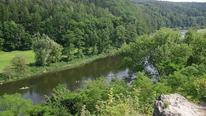 Řeka Berounka pod zříceninou hradu Věžka. Autor: Lenka64, volné dílo. Zdroj: Wikimedia Commons