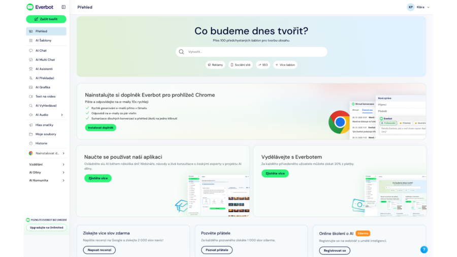 Everbot, hlavní menu. Zdroj Everbot.