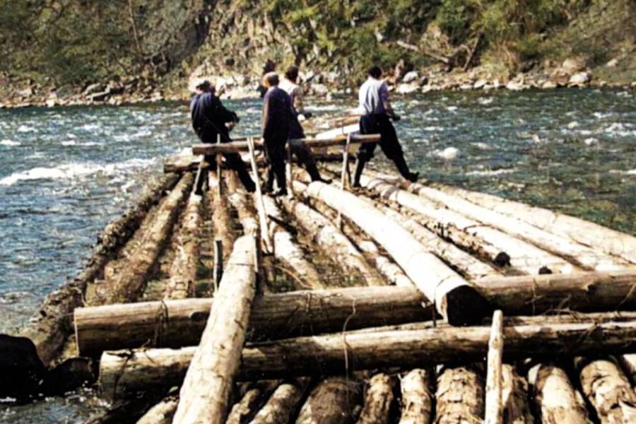 Voroplavba neboli dopravování dřeva plavením po řekách pomocí vorů. Archivní snímek. Zdroj: Národní zemědělské muzeum
